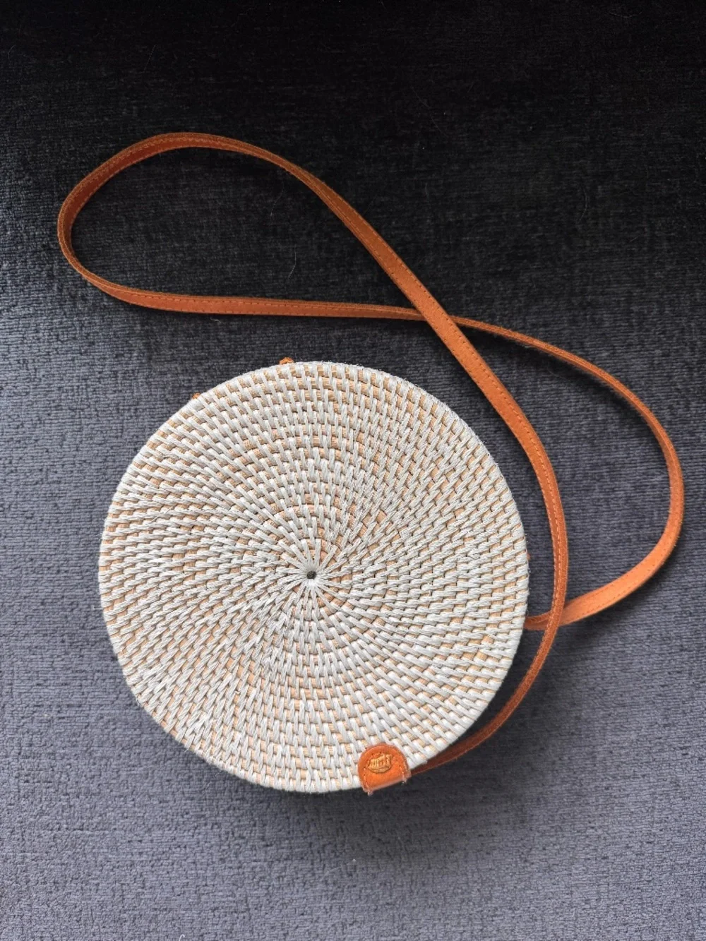 Handwoven Round Rattan Crossbody Bali Bag White Wash Leather Strap Batik Lining
